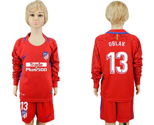 Atletico Madrid #13 Oblak Red Goalkeeper Long Sleeves Kid Soccer Club Jersey - Click Image to Close